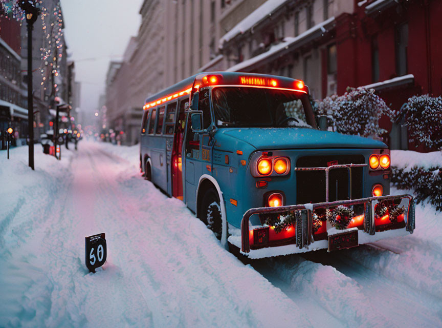 Blue bus with festive lights on snow-covered road in wintry city.