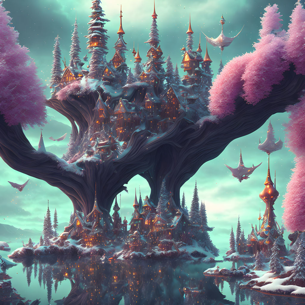 Enchanting tree village with pink foliage and ornate towers at twilight