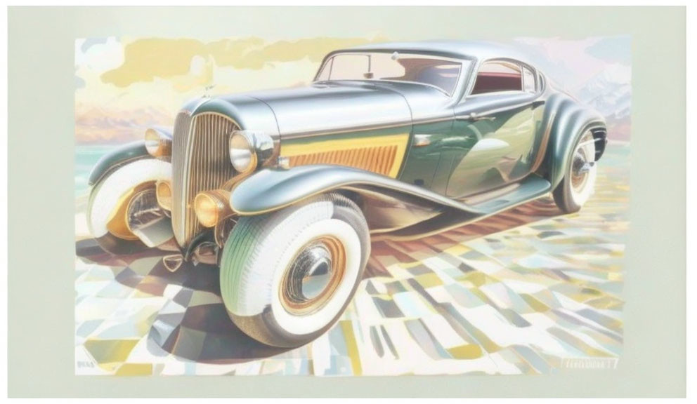 Vintage Car Illustration: Elegant Design, Front Grille, Whitewall Tires, Two-T