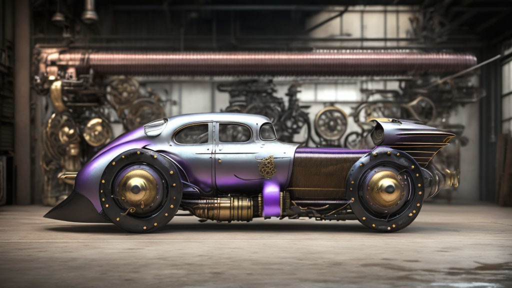 Silver and Purple Steampunk Car with Gold Rims and Mechanical Details