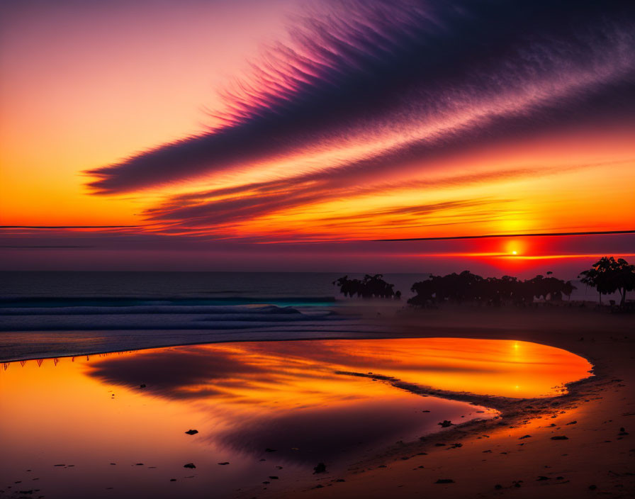 Dramatic sunset beach scene with vibrant sky and serene water reflections