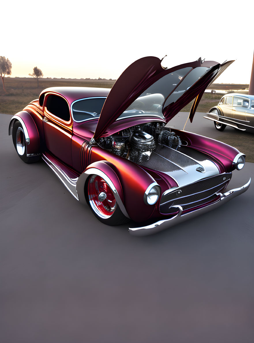 Burgundy classic car with open hood and chrome engine parked on road at dusk