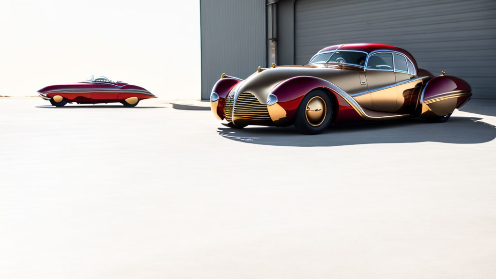 Futuristic vintage-style cars in red and gold parked on concrete surface