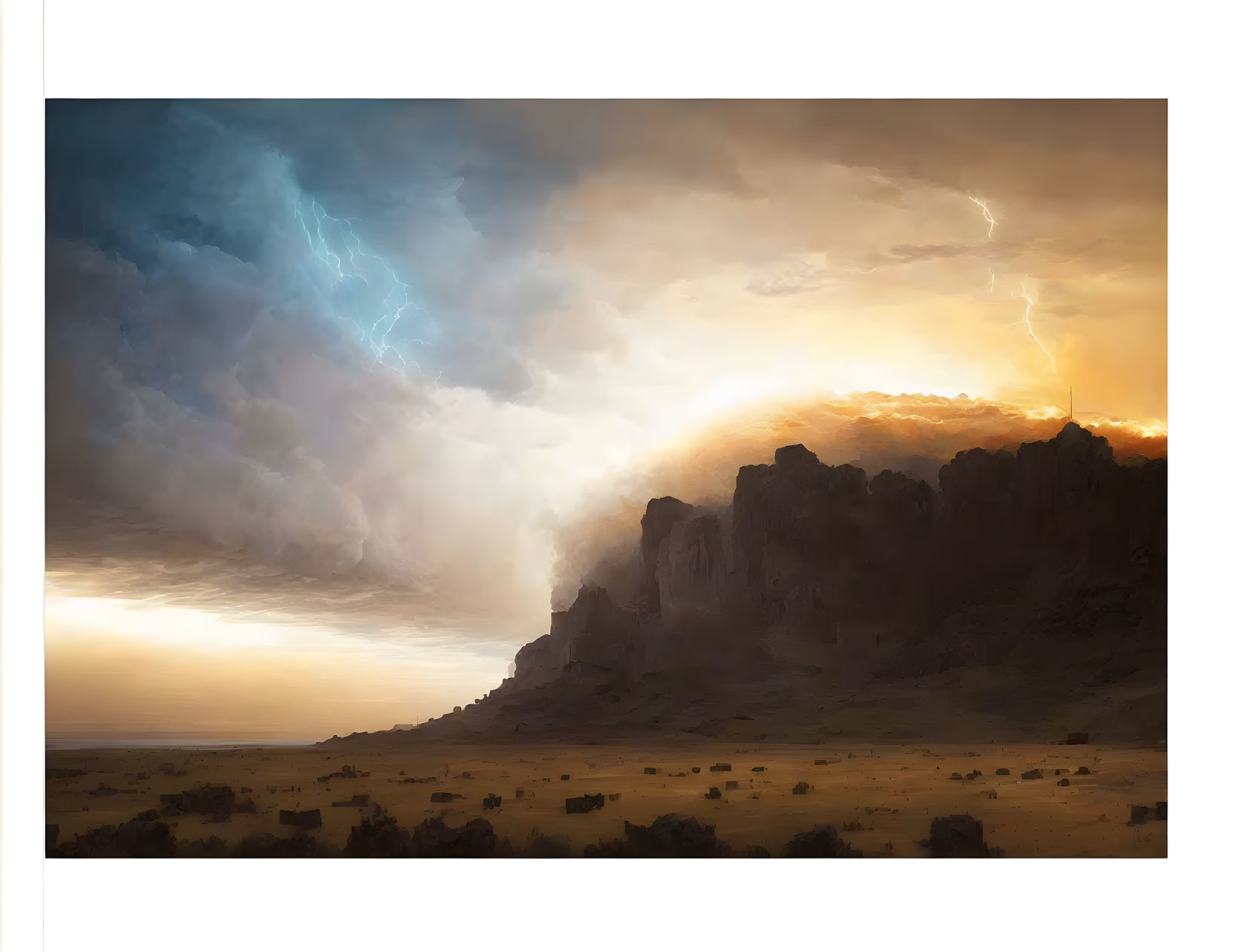 Stormy landscape with lightning near rocky cliff at sunset