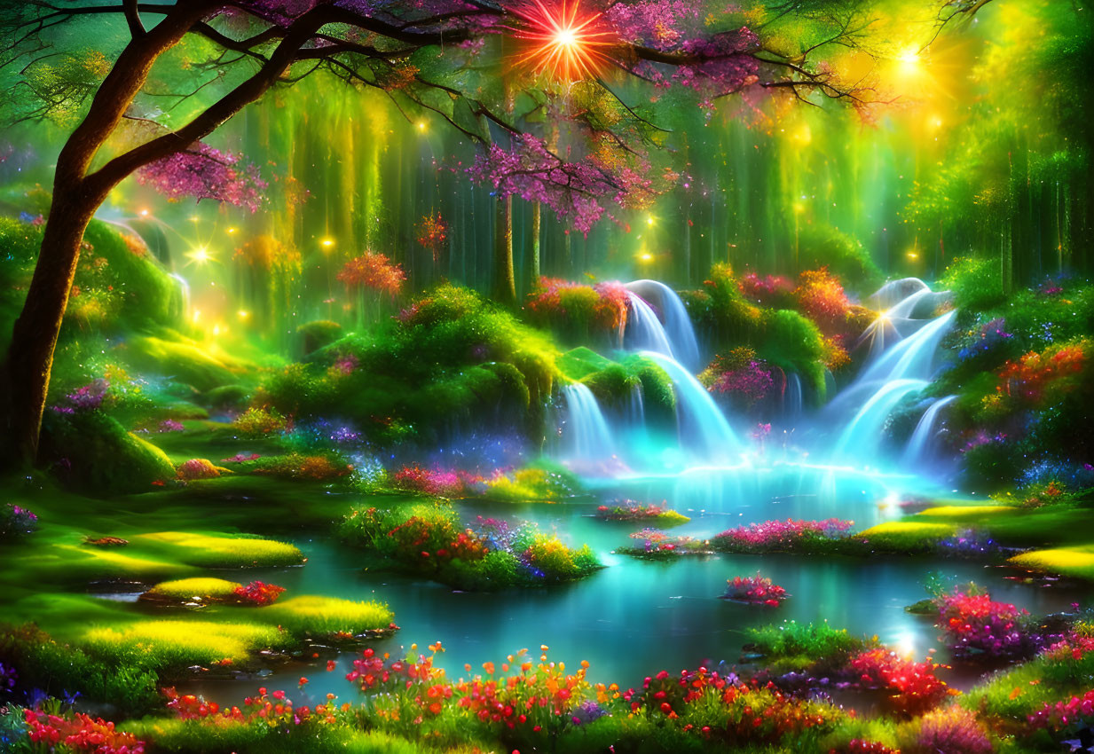 Lush Fantasy Forest with Colorful Flora and Magical Lights