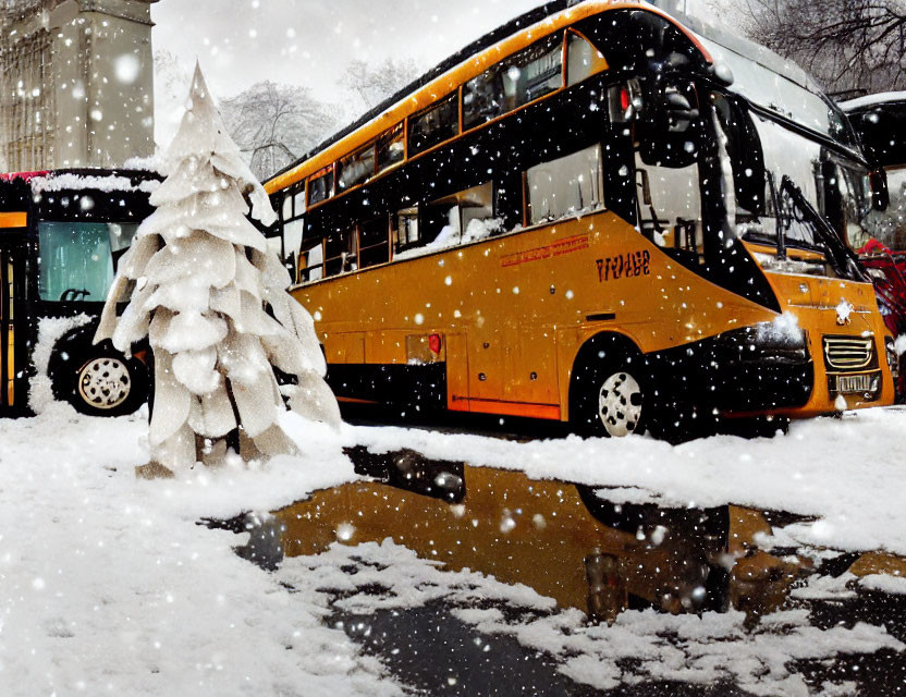 Snowy Street Scene: School Bus, Christmas Tree, Snowflakes, Puddle