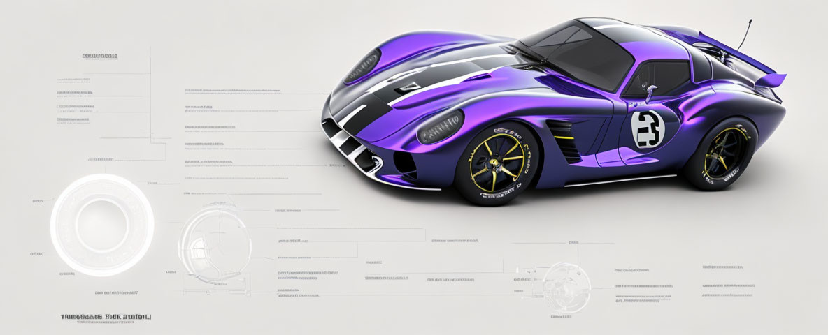 Purple Race Car with Yellow Accents and Design Annotations in Studio Setting