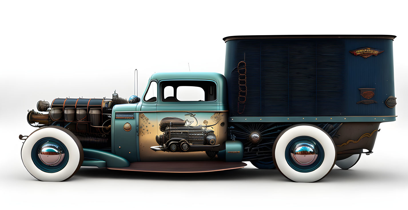 Custom Vintage Hot Rod Truck with Teal and Rust Patina on White Background