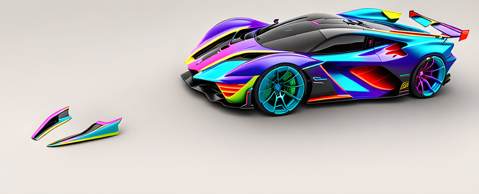 Vibrant futuristic sports car with neon accents and detached front bumper.