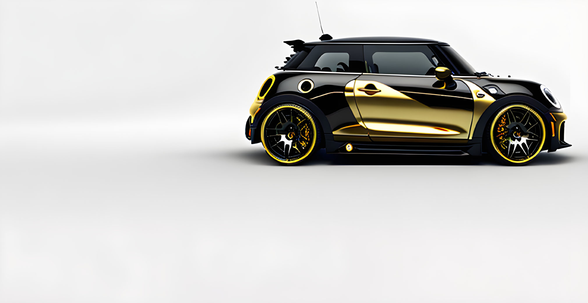 Black and Gold Mini Cooper with Racing Stripes and Custom Aero Parts