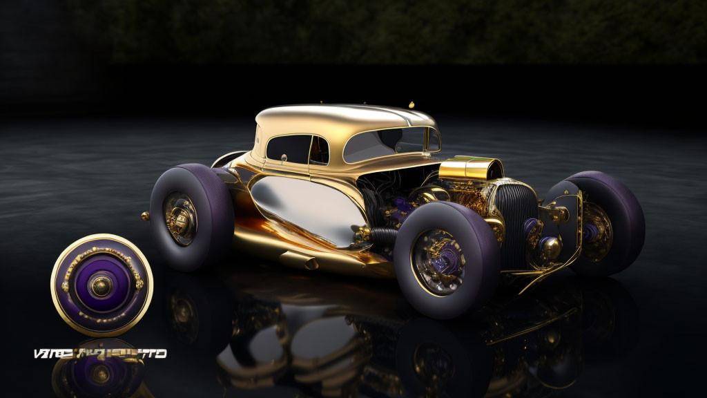 Vintage Custom Hot Rod: Gold & White Finish, Purple Wheels, Chrome Detailing