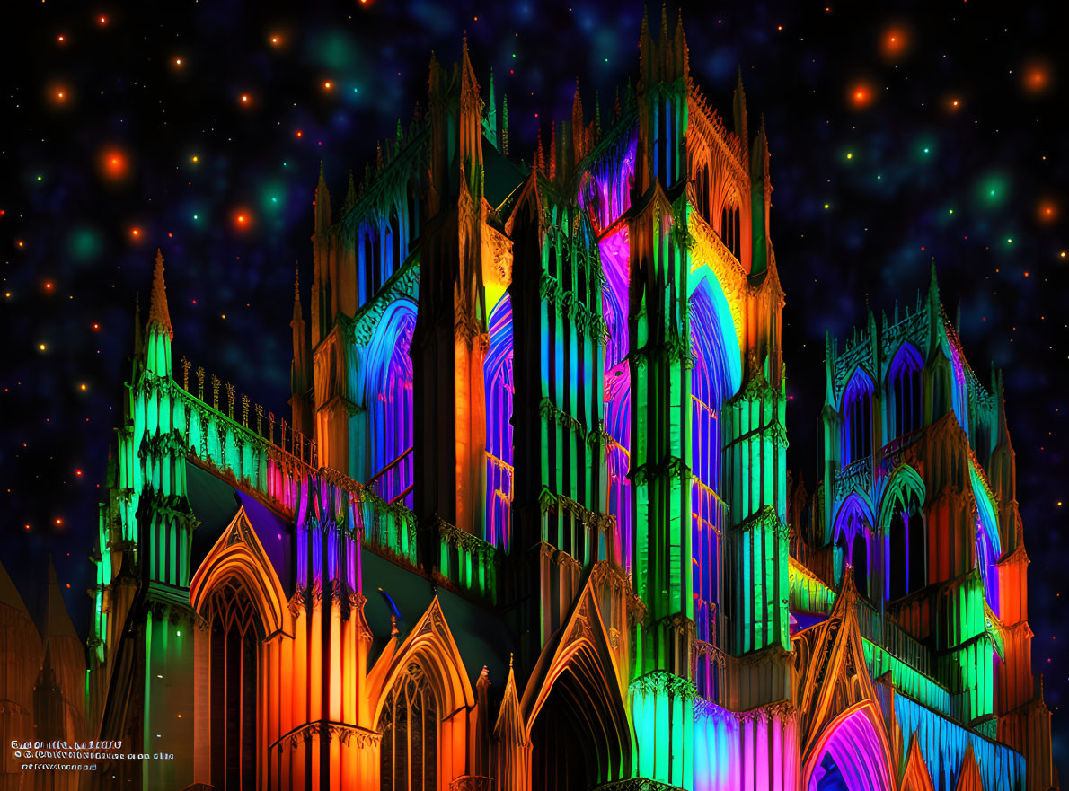 Gothic Cathedral Lit by Multicolored Lights at Night