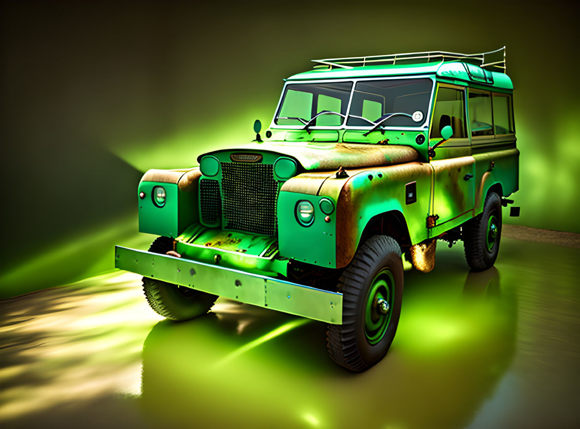 Rusted green off-road vehicle with roof rack in dramatic lighting