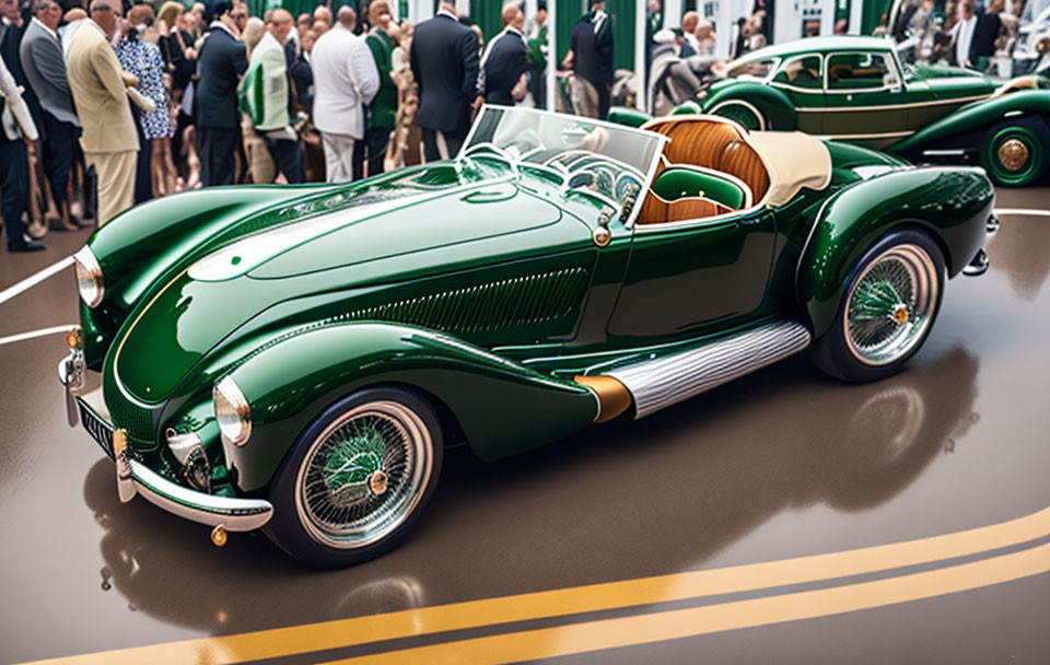 Vintage Green Roadster with White Wall Tires and Chrome Details at Car Show