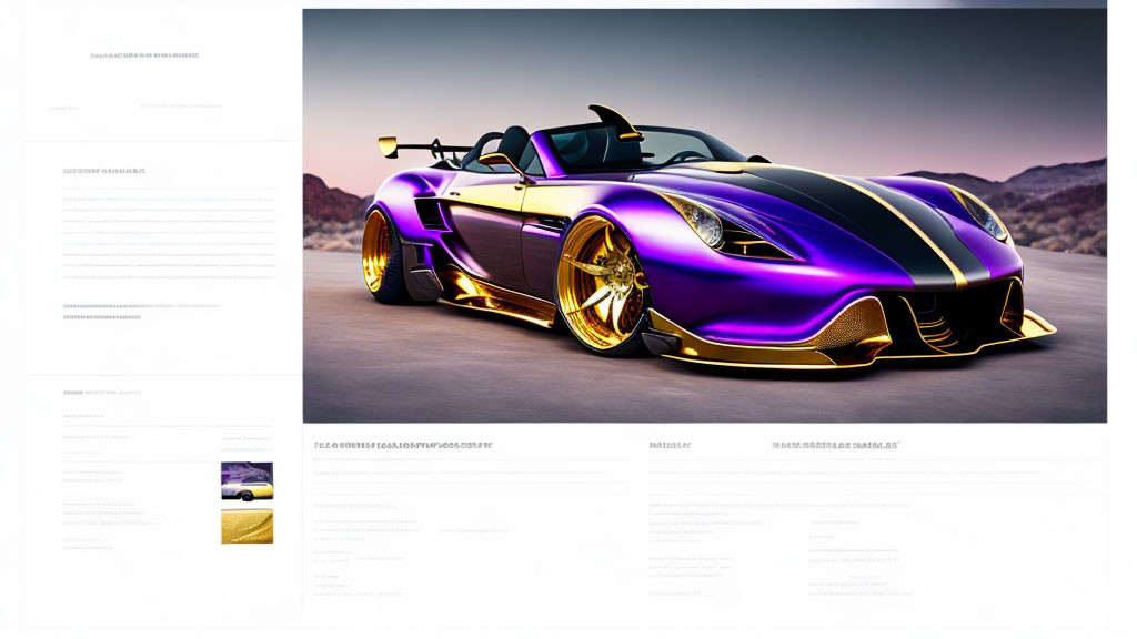 Luxury Sports Car with Purple and Gold Detailing on Sunset Hills Background