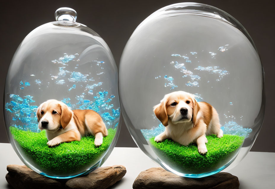 Two puppies in transparent spherical containers with fake grass and blue sky background.