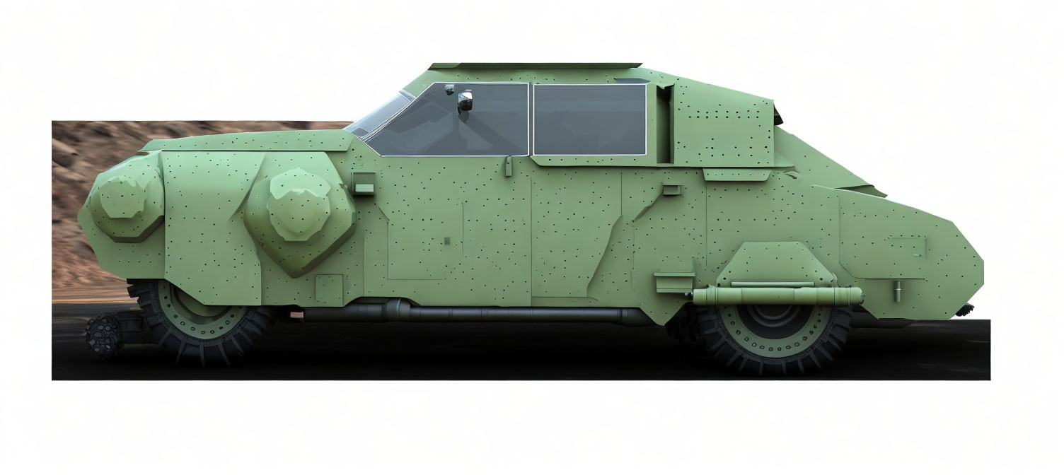 Green Armored Military Vehicle with Multiple Wheels in 3D Render