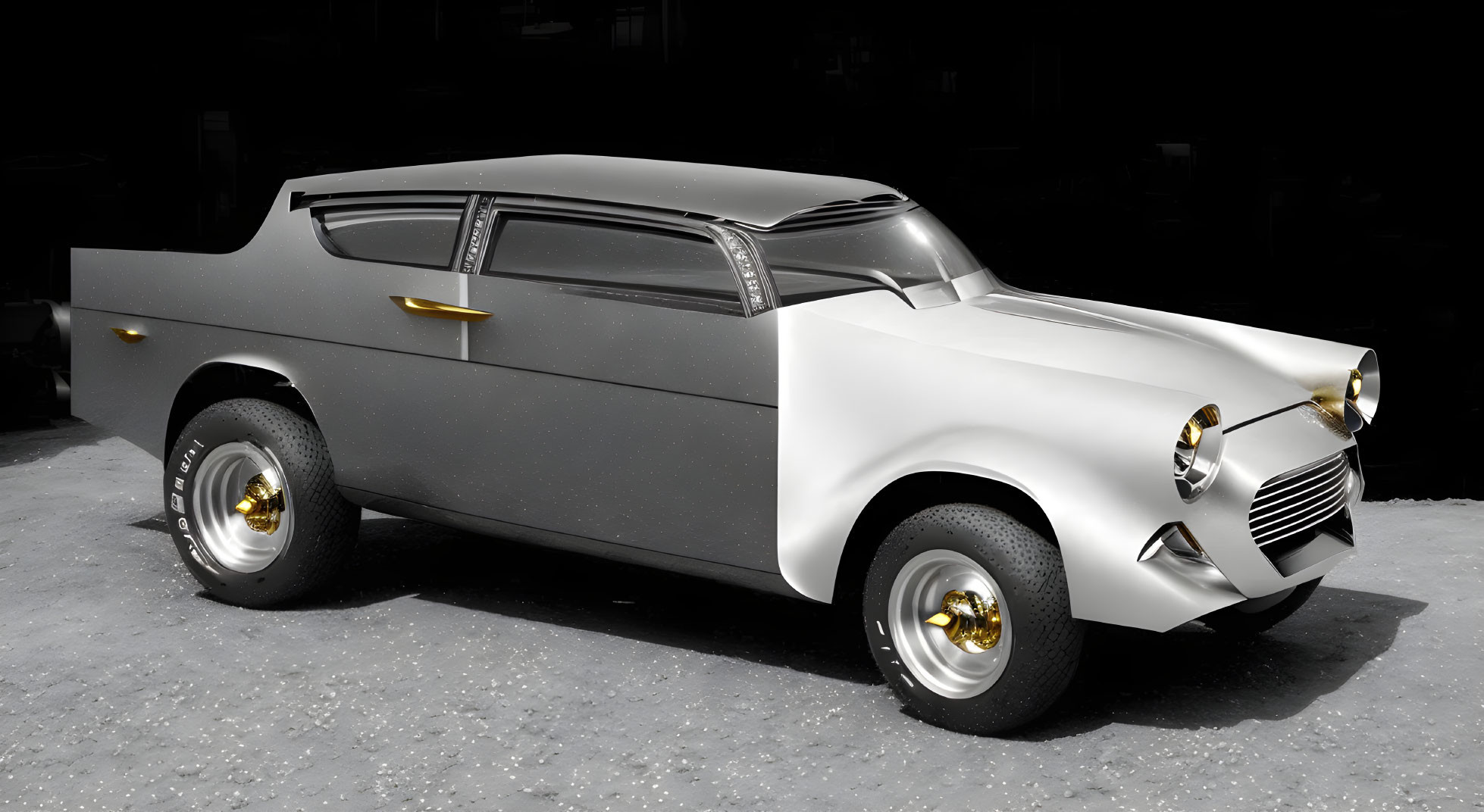 Vintage White Car with Elongated Body and Golden Rims on Black Background