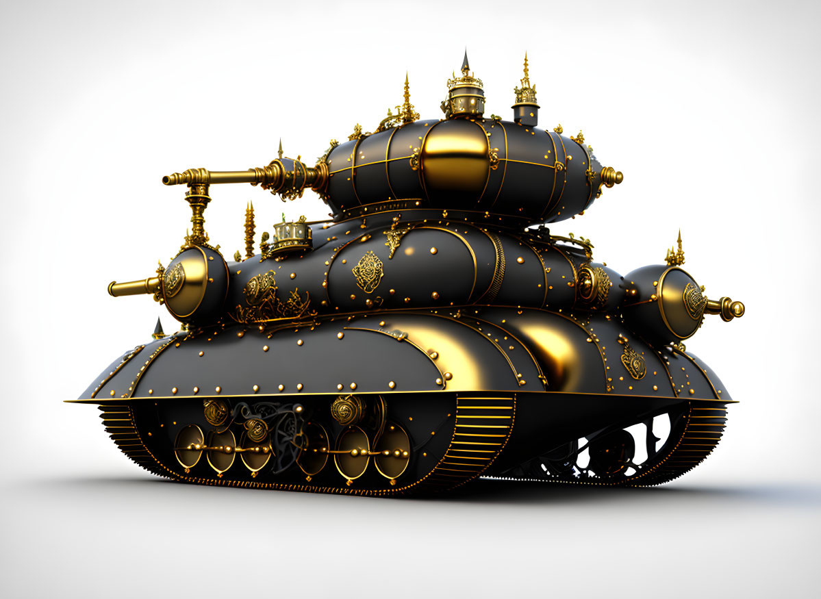 Steampunk-style tank with intricate turrets and gold details on white background