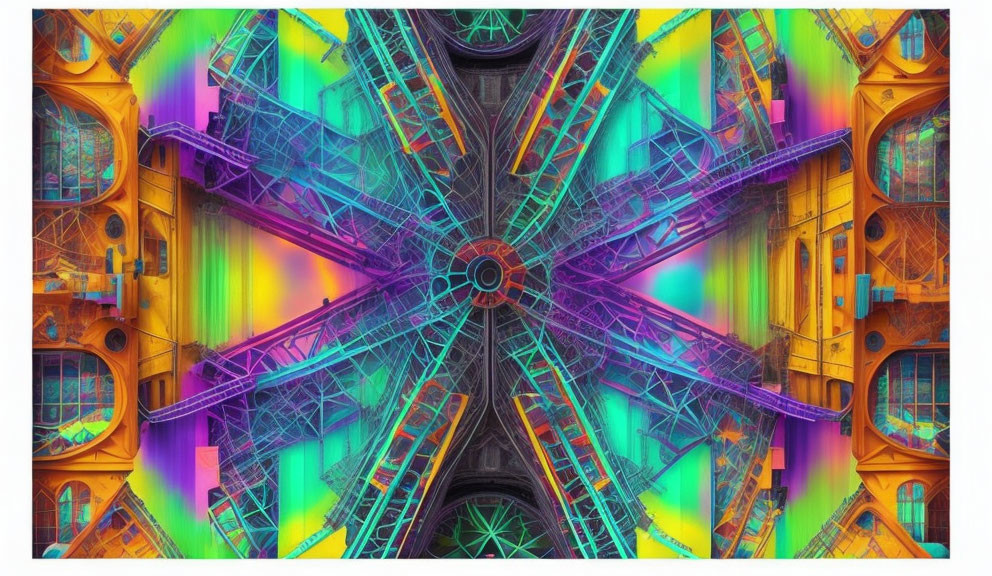 Colorful Symmetrical Digital Artwork with Architectural and Mechanical Fusion