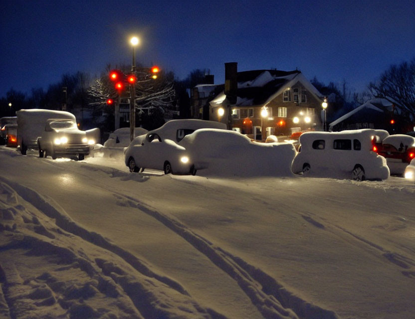 Snow-covered vehicles on street at night with red traffic lights