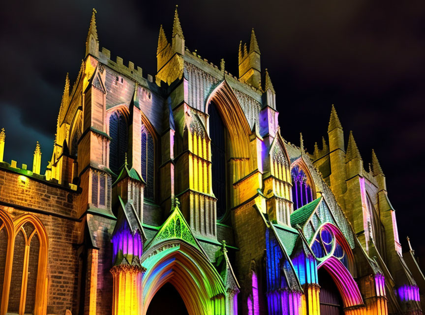 Gothic Cathedral Aglow with Multicolored Night Lights