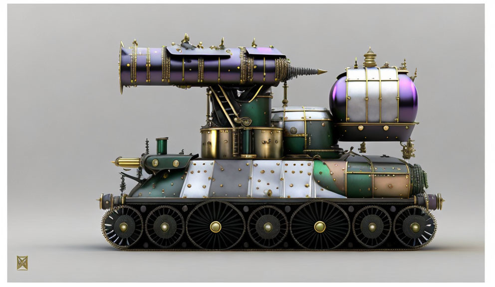 Steampunk-styled tank with bronze and green detailing