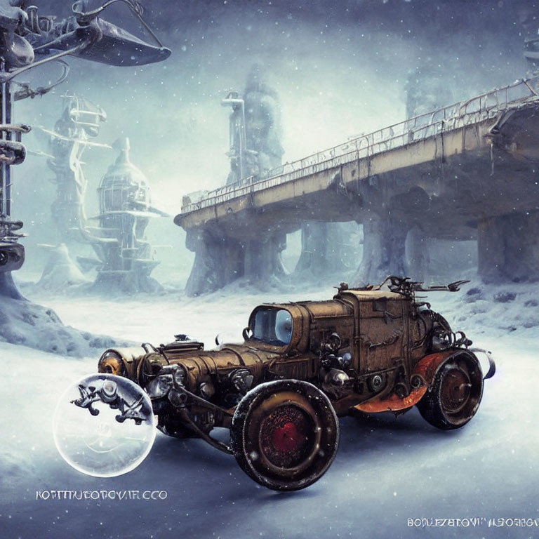 Steampunk vehicle on snowy landscape with futuristic towers under blue sky