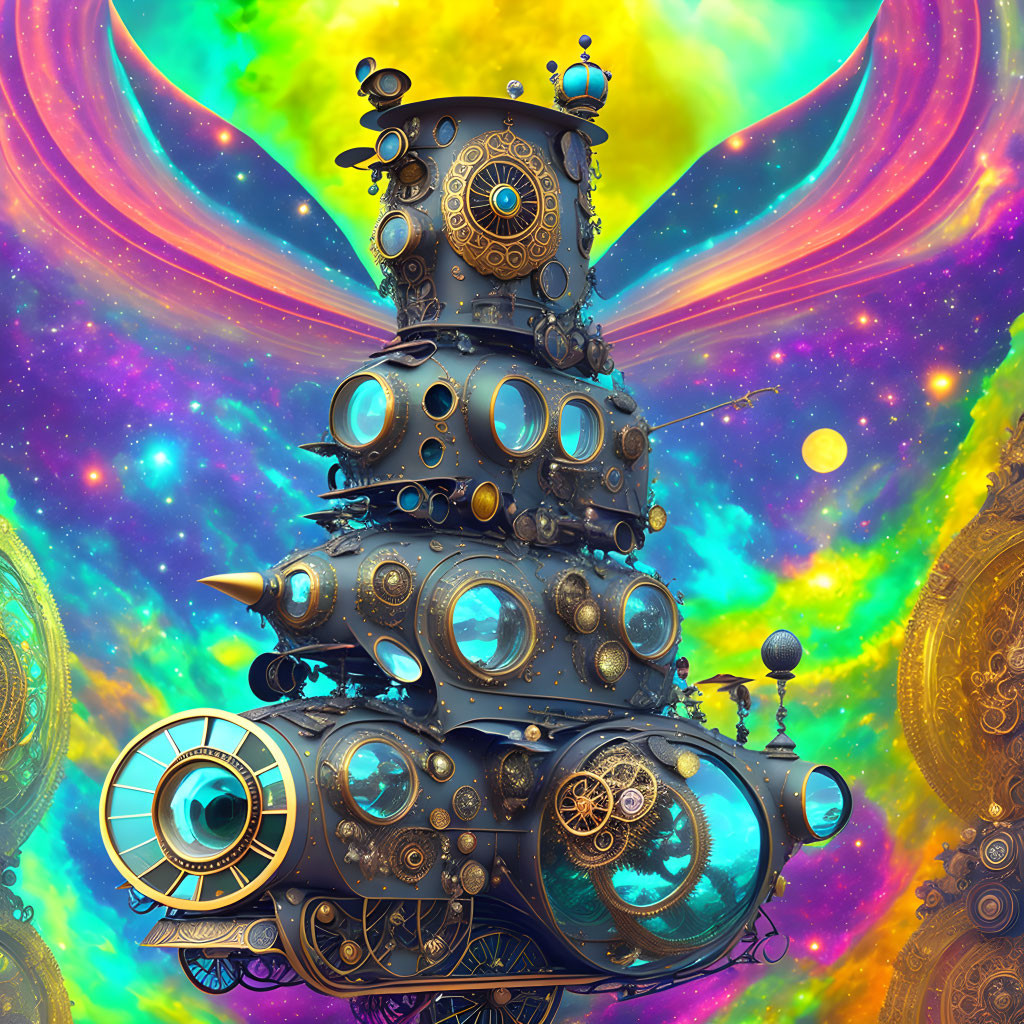 Vibrant surreal tower with steampunk details on cosmic background