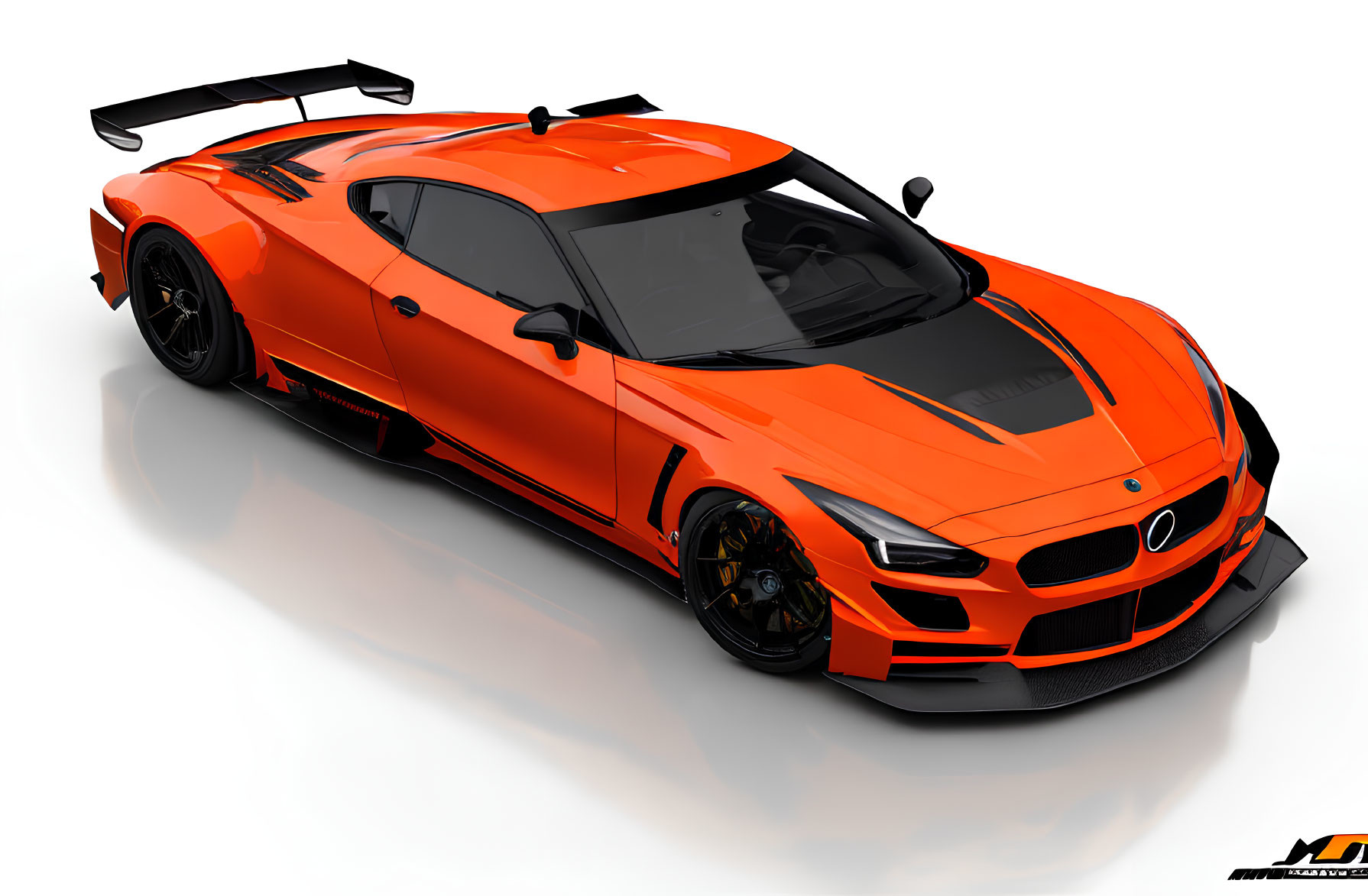 Vibrant orange sports car with large rear wing and black rims