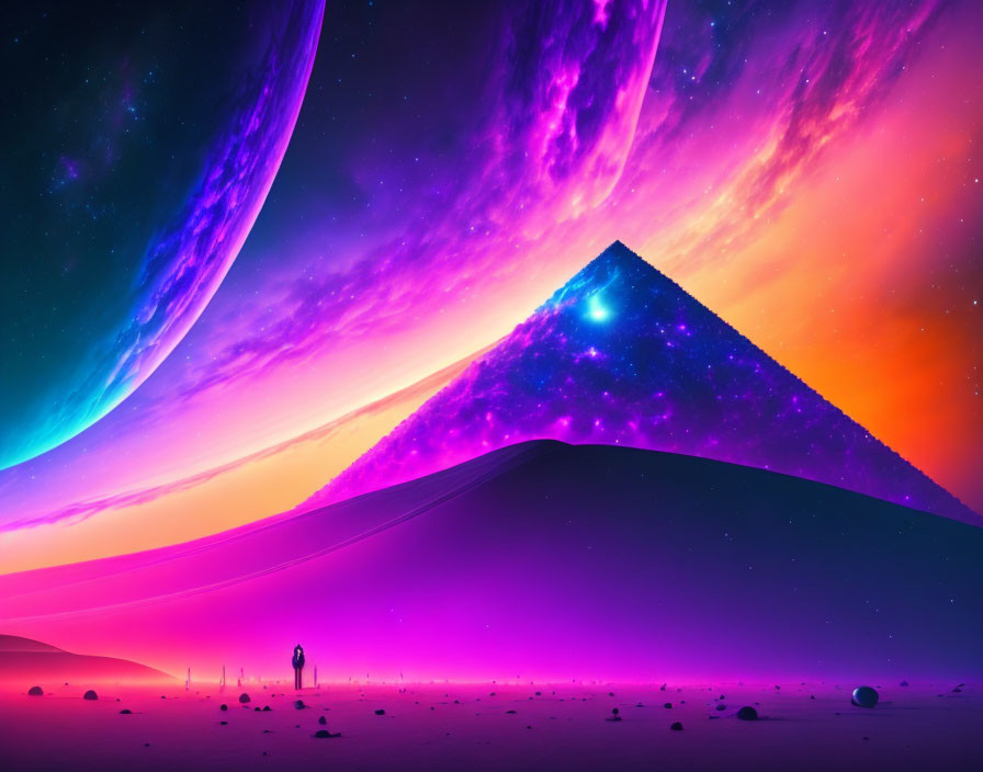 Colorful digital art landscape with person silhouette, abstract pyramid, planet, and nebula sky