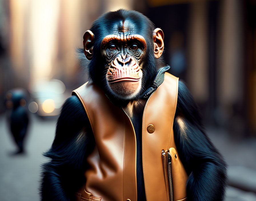 Chimpanzee in leather jacket on urban street backdrop