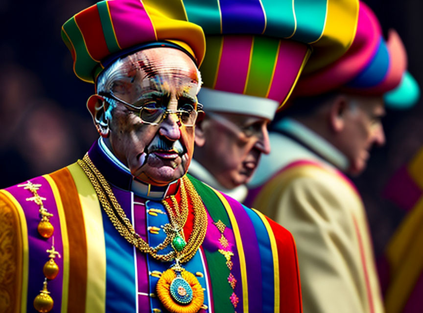 Colorful Striped Top Hats and Ceremonial Uniforms on Men with Medals