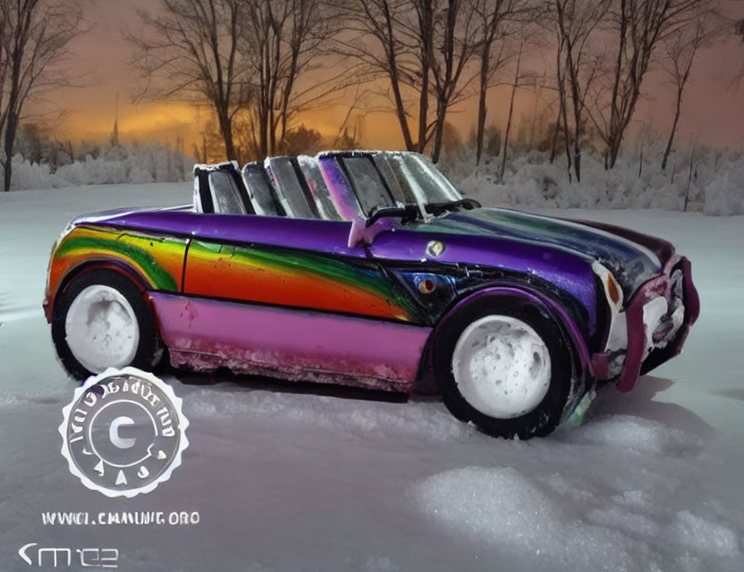 Vibrant ice-covered car in snowy twilight landscape