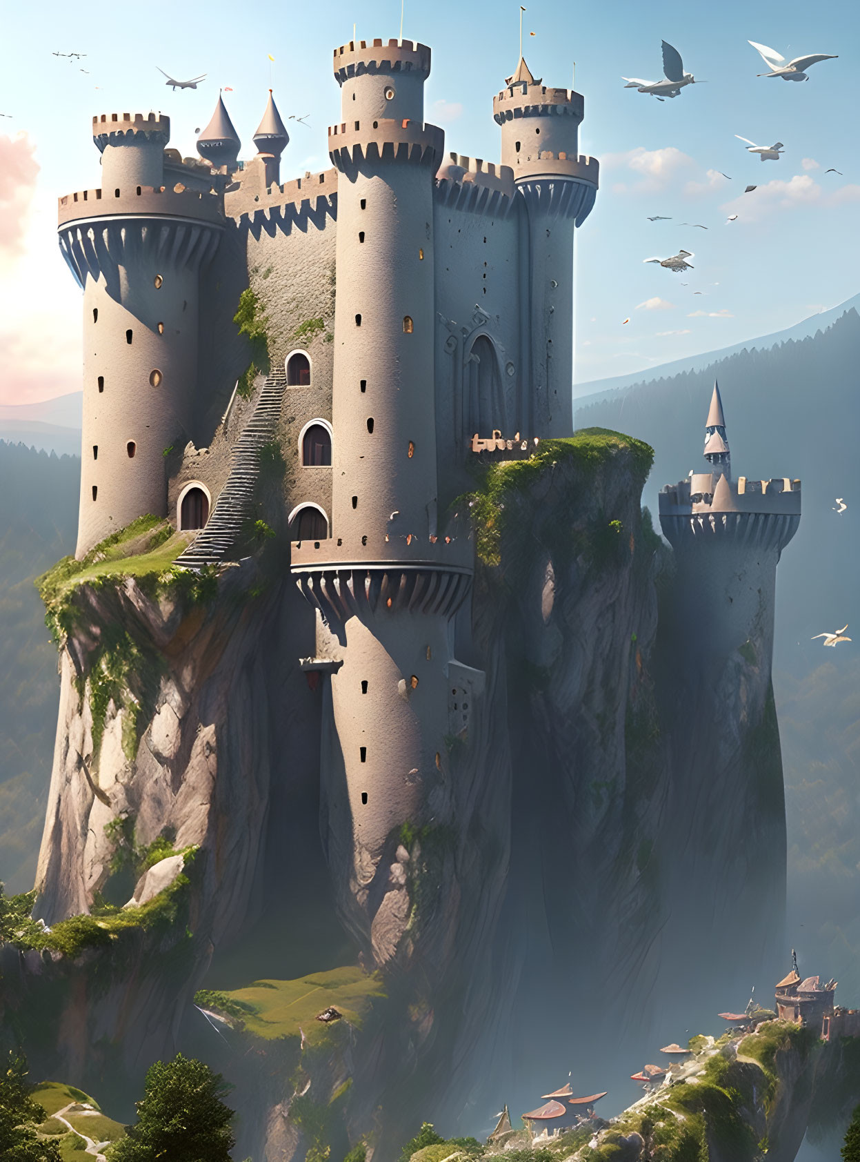 Majestic castle with multiple towers on steep cliff in greenery