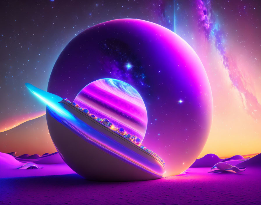 Surreal cosmic landscape with planets, ringed object, purple skies, spaceship on alien terrain