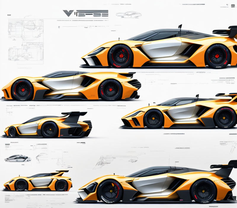 Detailed schematics of orange and black conceptual supercar views