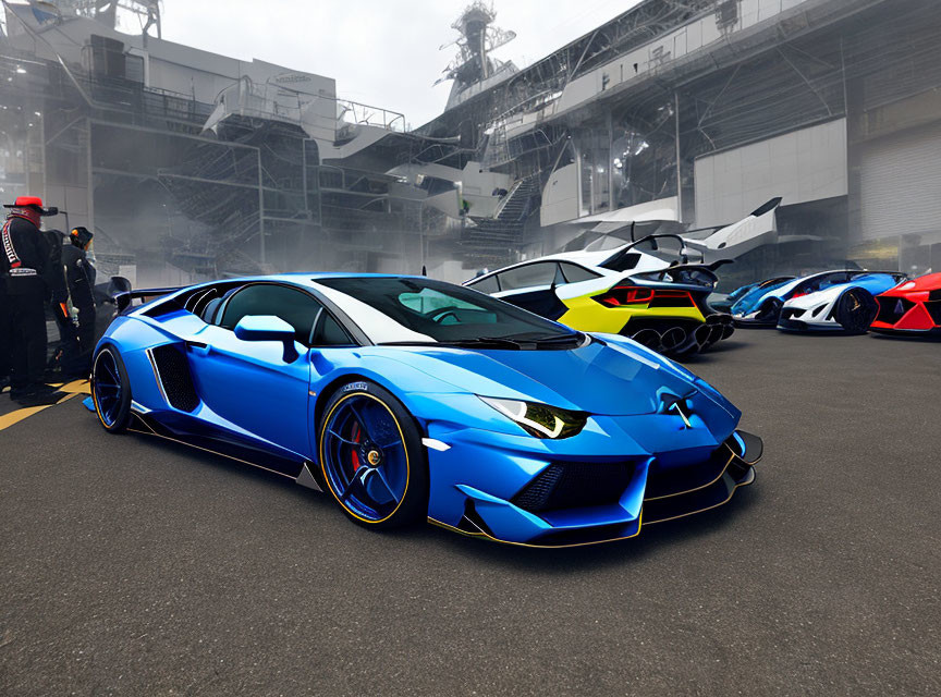 Colorful supercars parked on asphalt with industrial structures in the background
