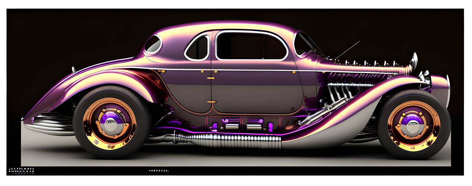 Vintage Car with Retro-Futuristic Design and Purple-Gold Color Scheme