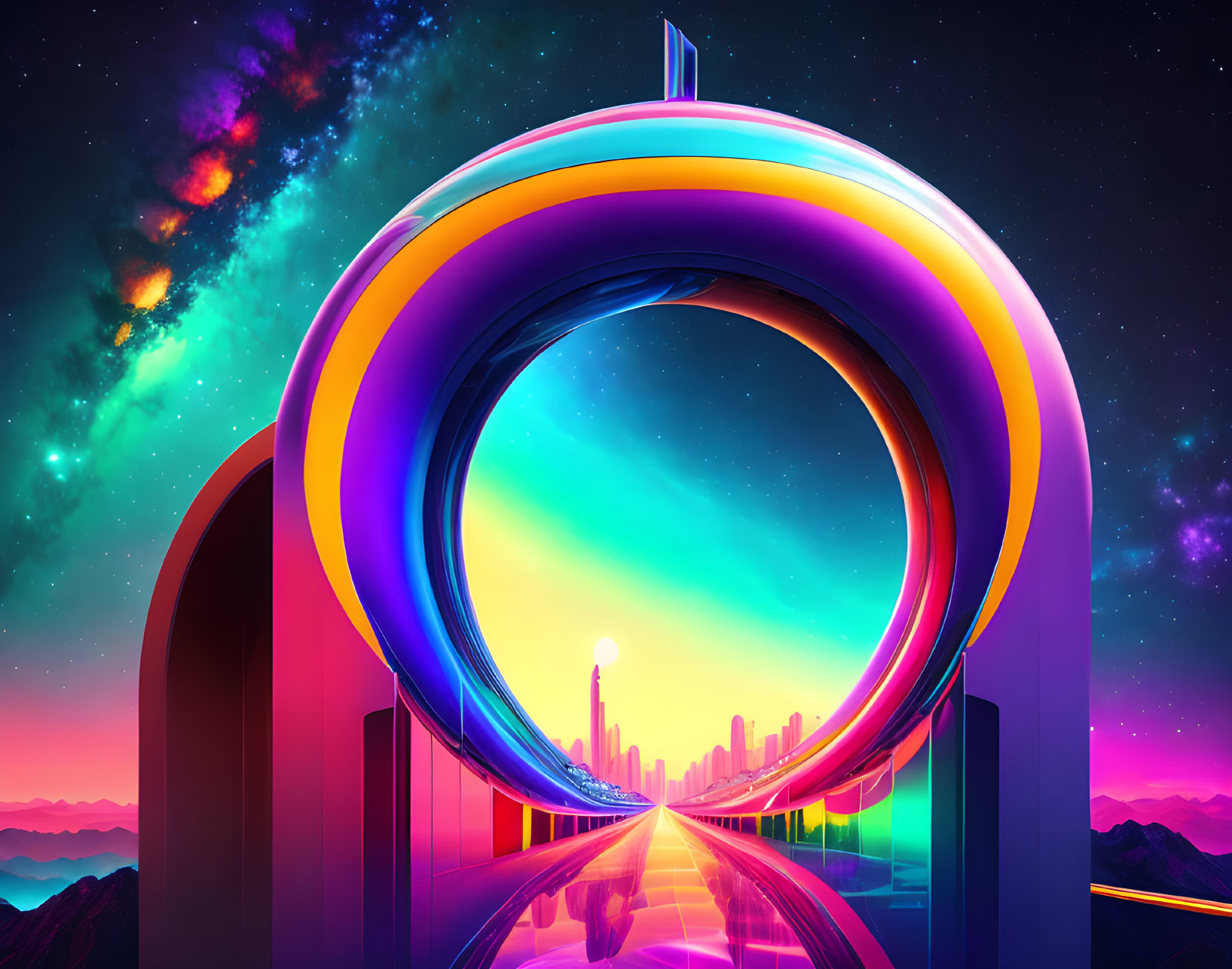 Surreal circular rainbow gate in futuristic cityscape