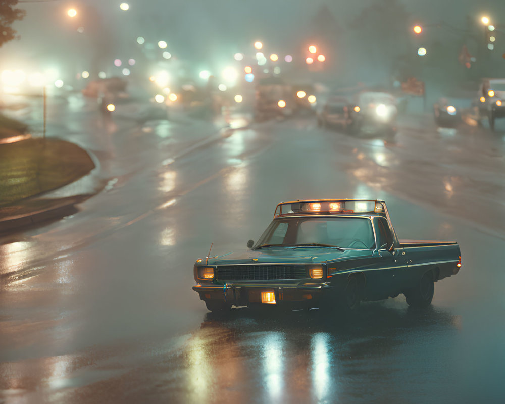 Classic Car Night Scene with Wet City Street & Blurred Traffic