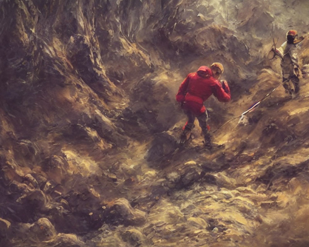 Two Climbers in Red Jackets Ascending Rugged Rocky Slope