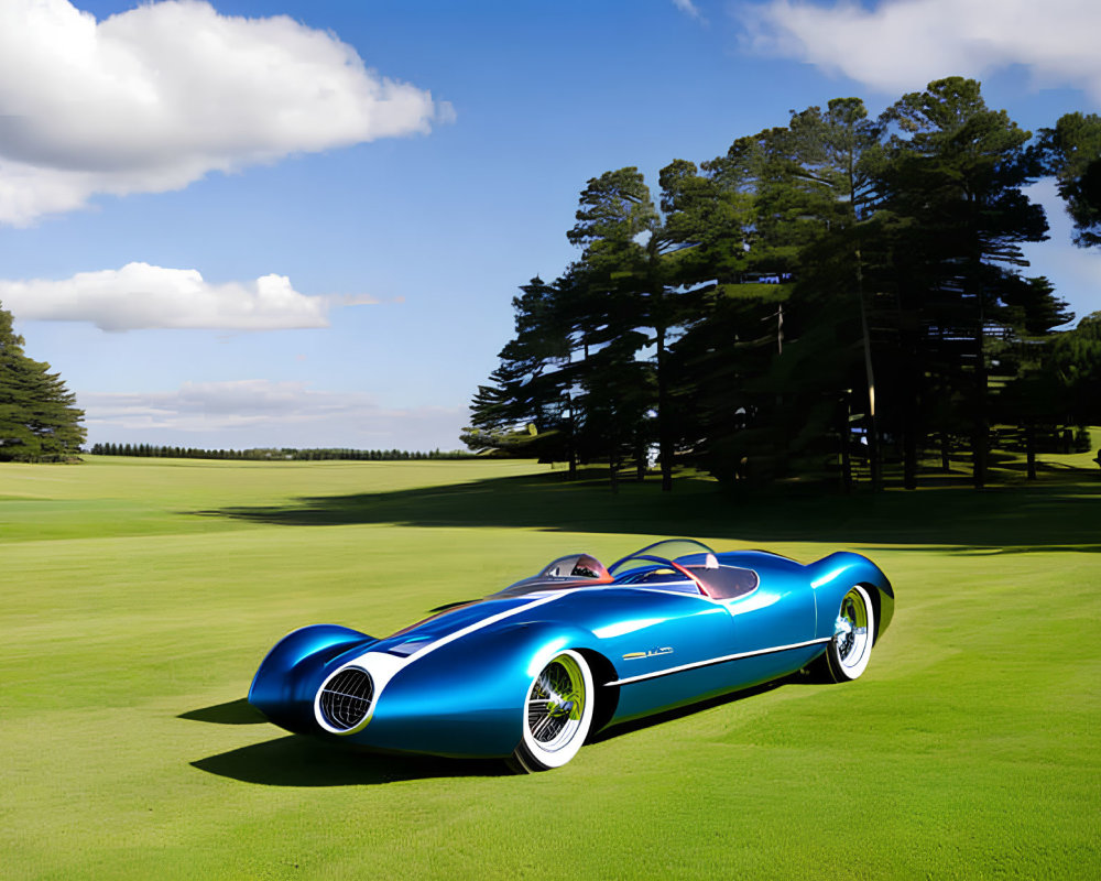 Vintage blue convertible race car with white stripes and spoke wheels on green lawn.