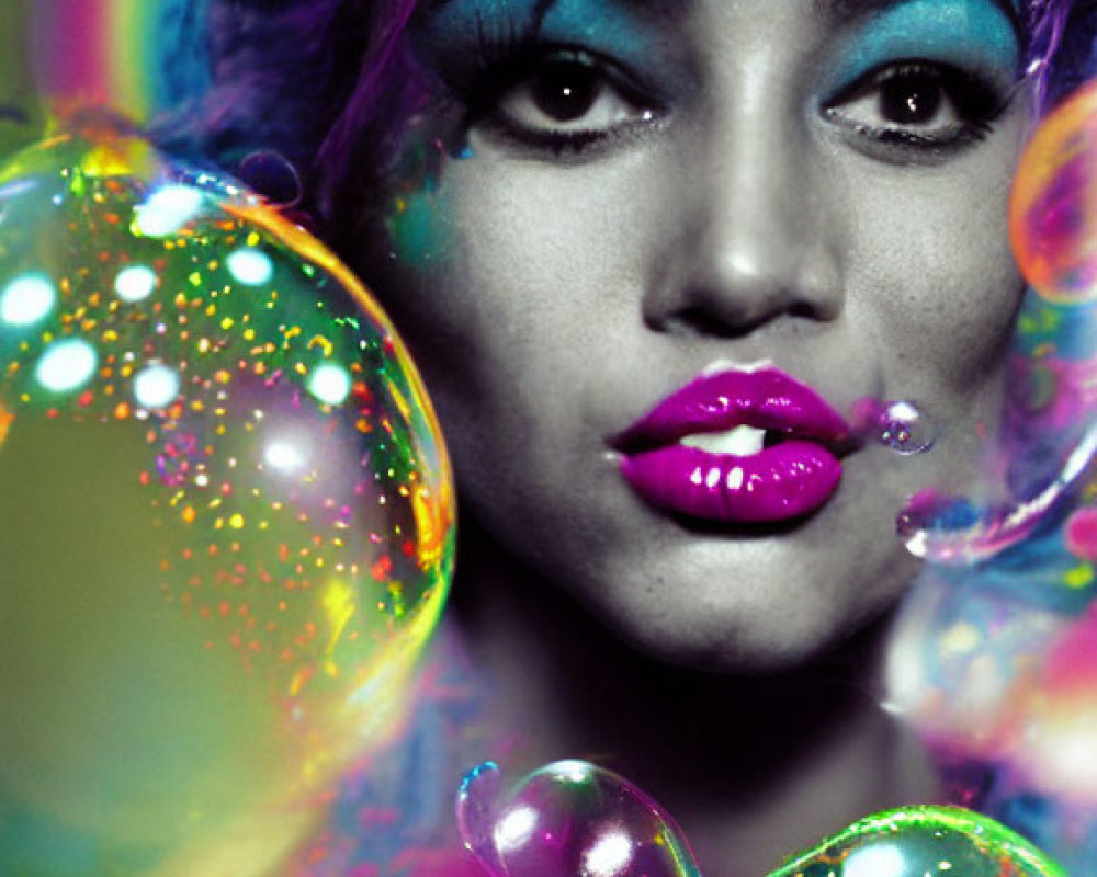 Vibrant makeup woman portrait with iridescent soap bubbles on dark background