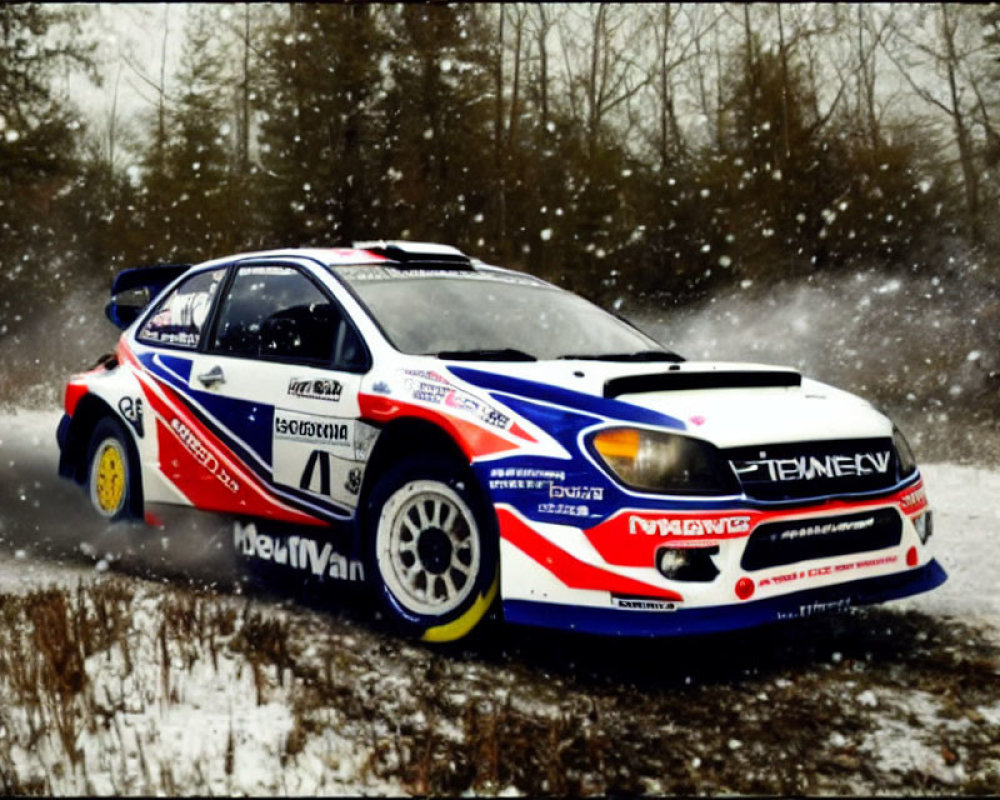 Sponsor-decaled rally car speeds through snowy forest path