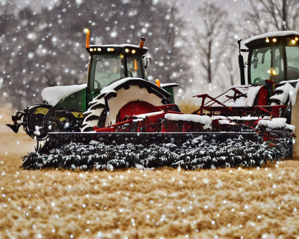 Snowy field scene with two tractors and agricultural attachments.