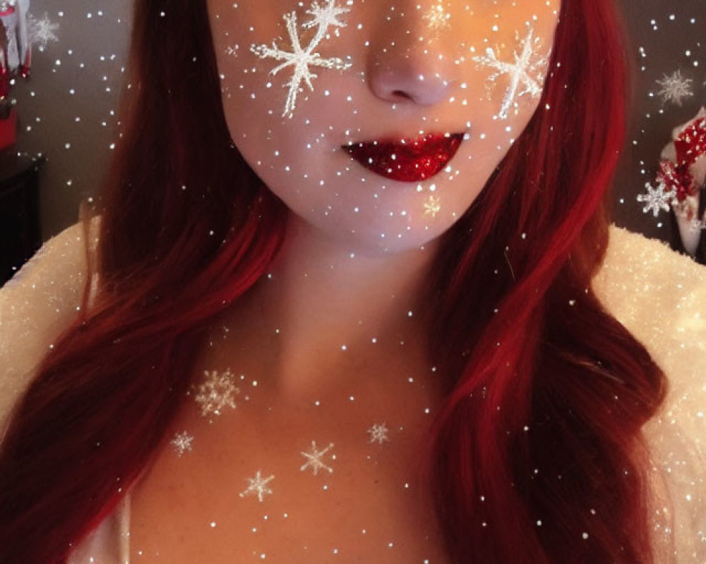 Red-haired woman with snowflake graphics and glittery lips in festive winter theme