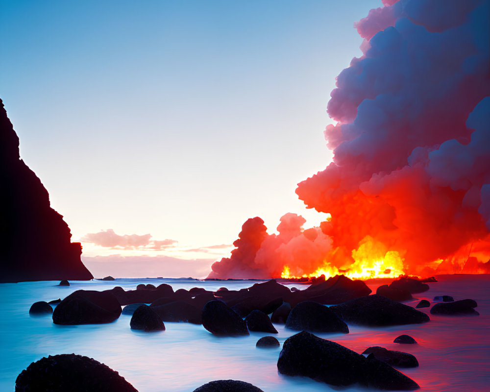 Dusk volcanic eruption with lava meeting sea, billowing smoke, serene twilight to night sky