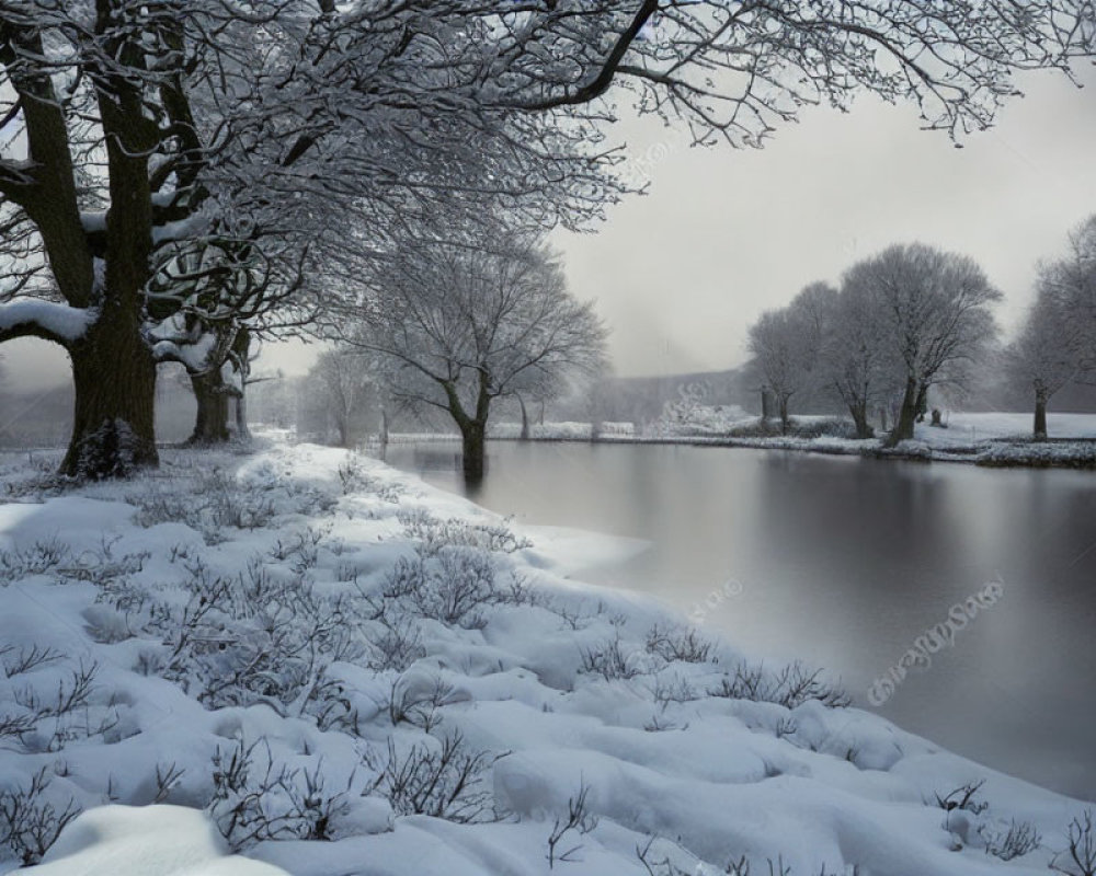 Snowy landscape with frozen river and frosted trees