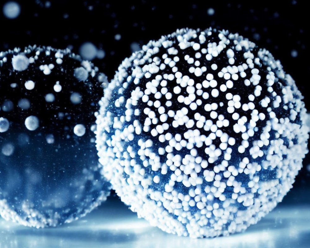 Blue illuminated spheres with bead-like textures on dark background with falling snowflakes